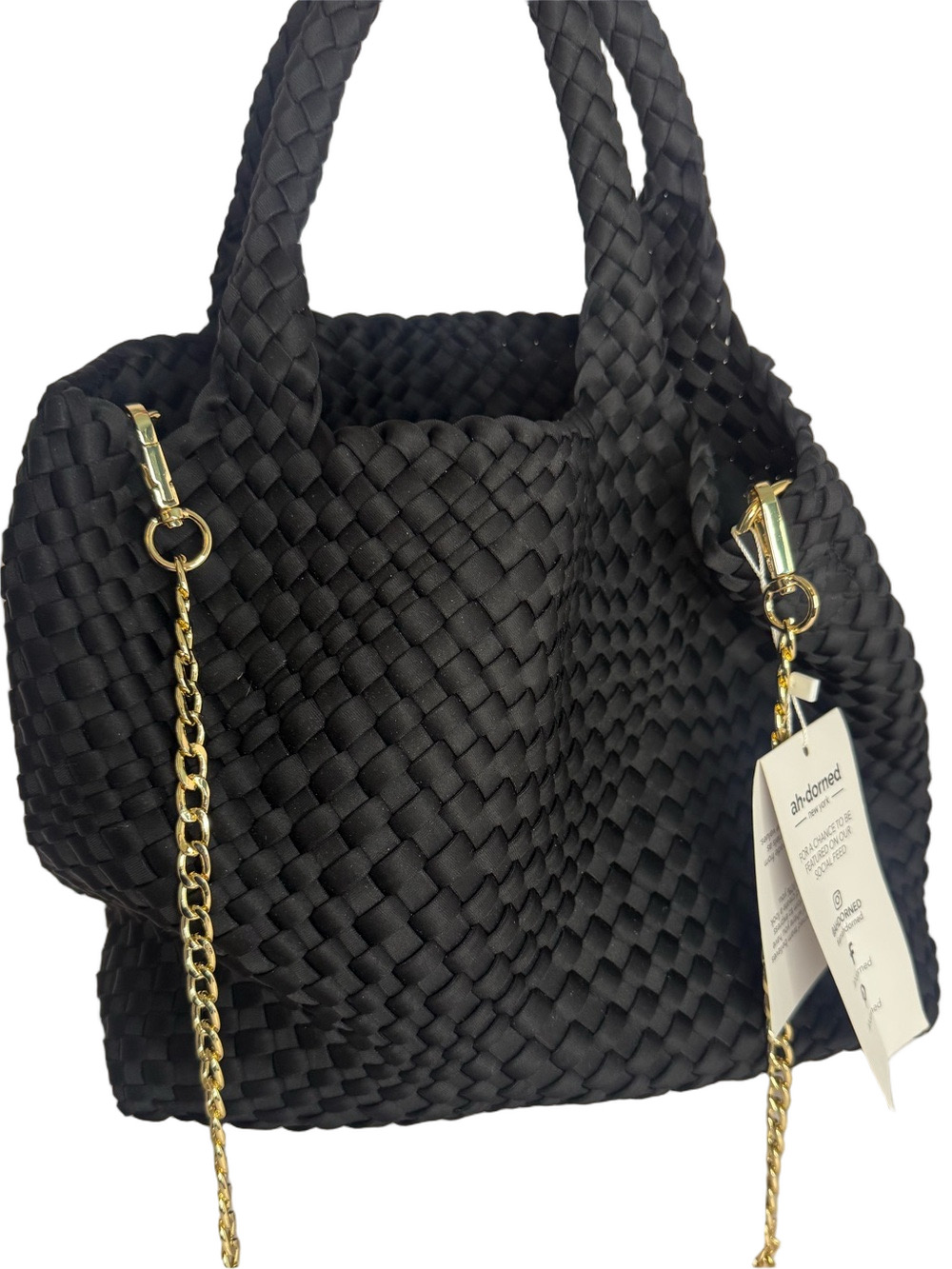 #364 Ah.Dorned NY NWT Black Woven Neoprene Satchel Tote Bag